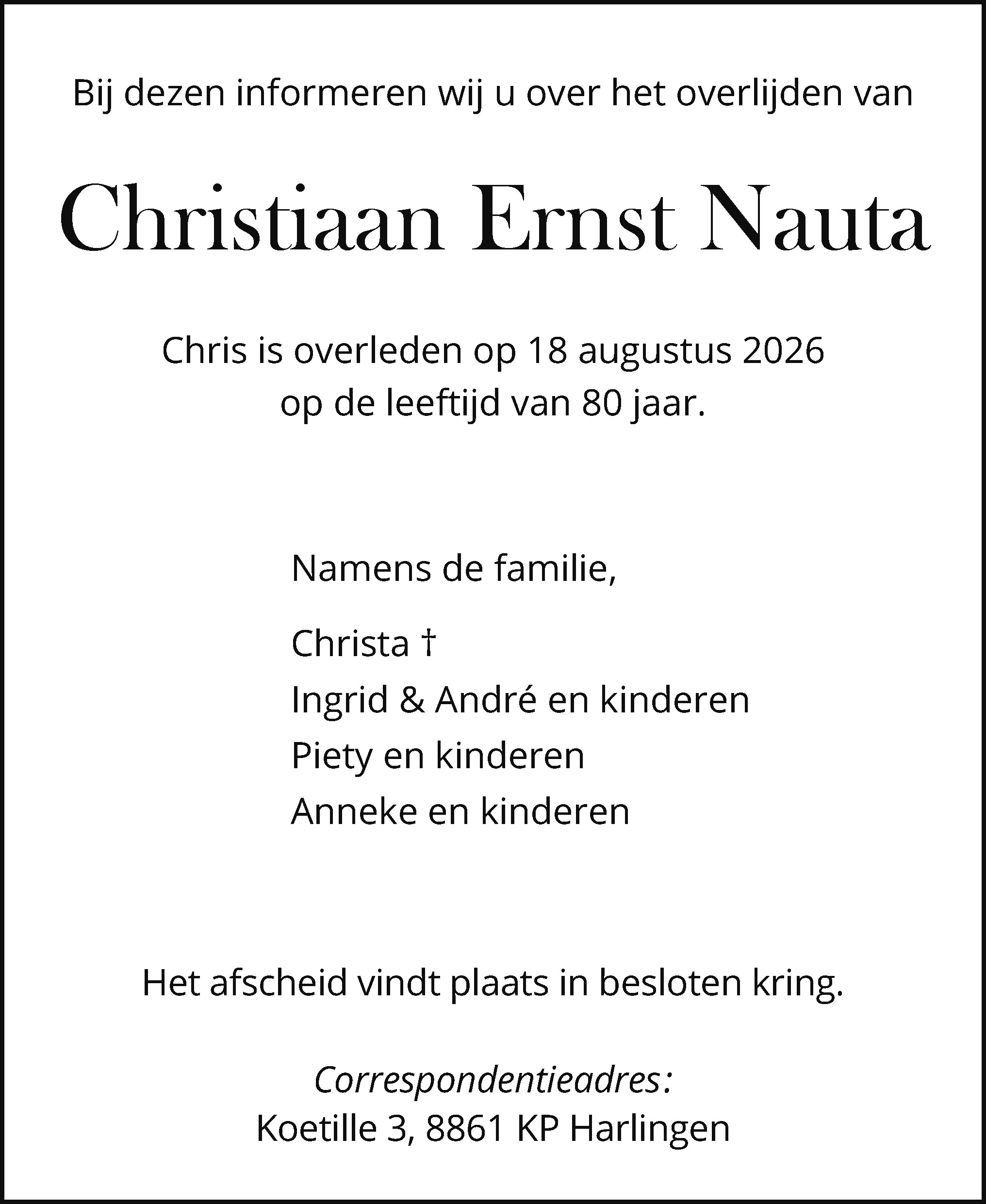 Rouwadvertentie C. Nauta Harlingen Boeit