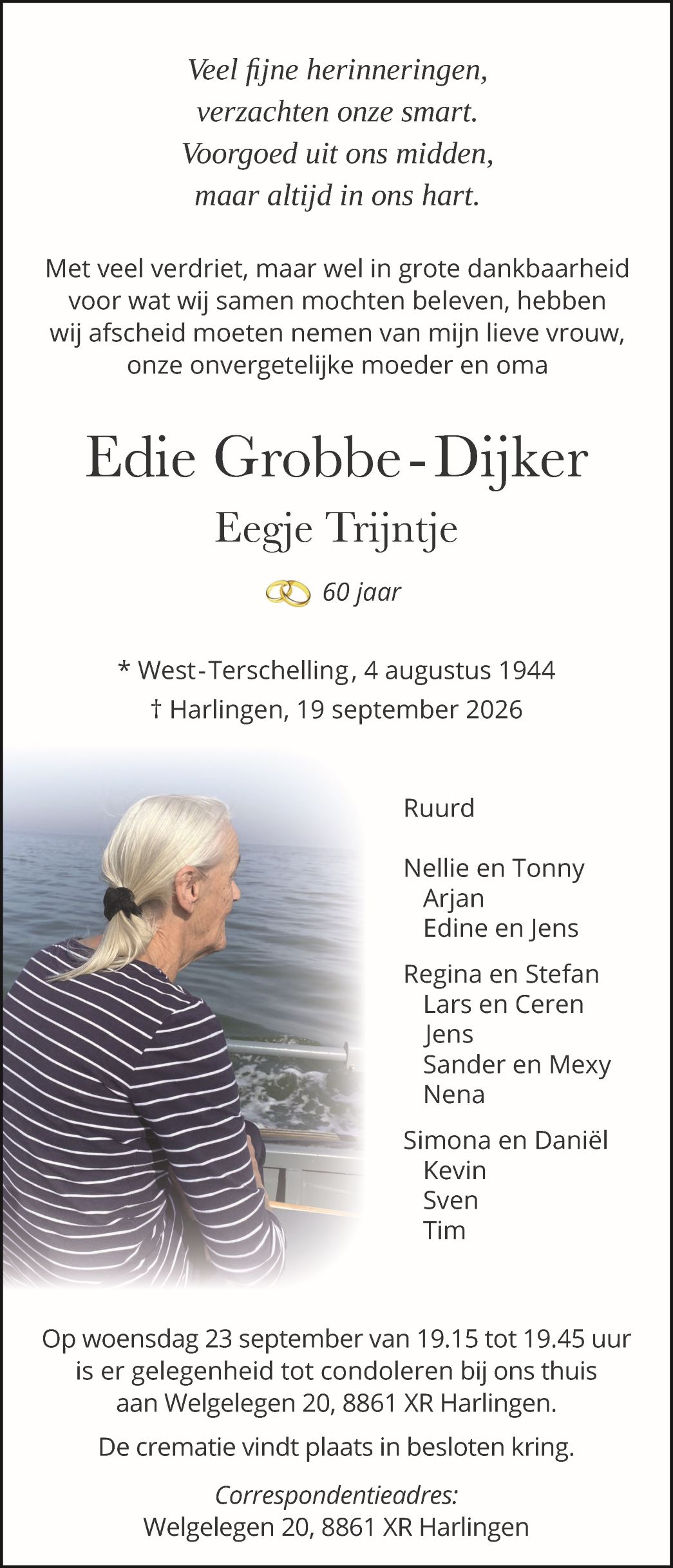Rouwadvertentie Edie Grobbe Dijker Harlingen Boeit