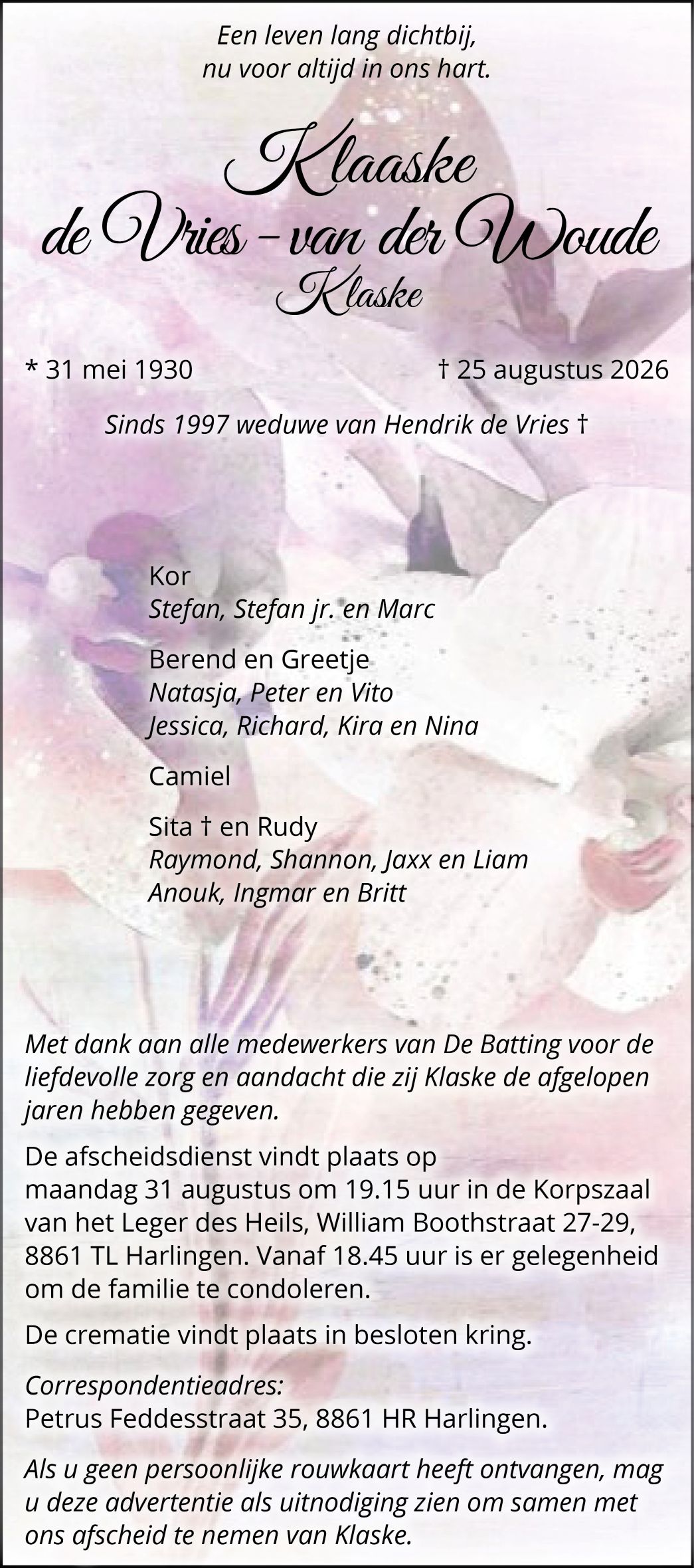 Rouwadvertentie HC Klaske de Vries van der Woude HB