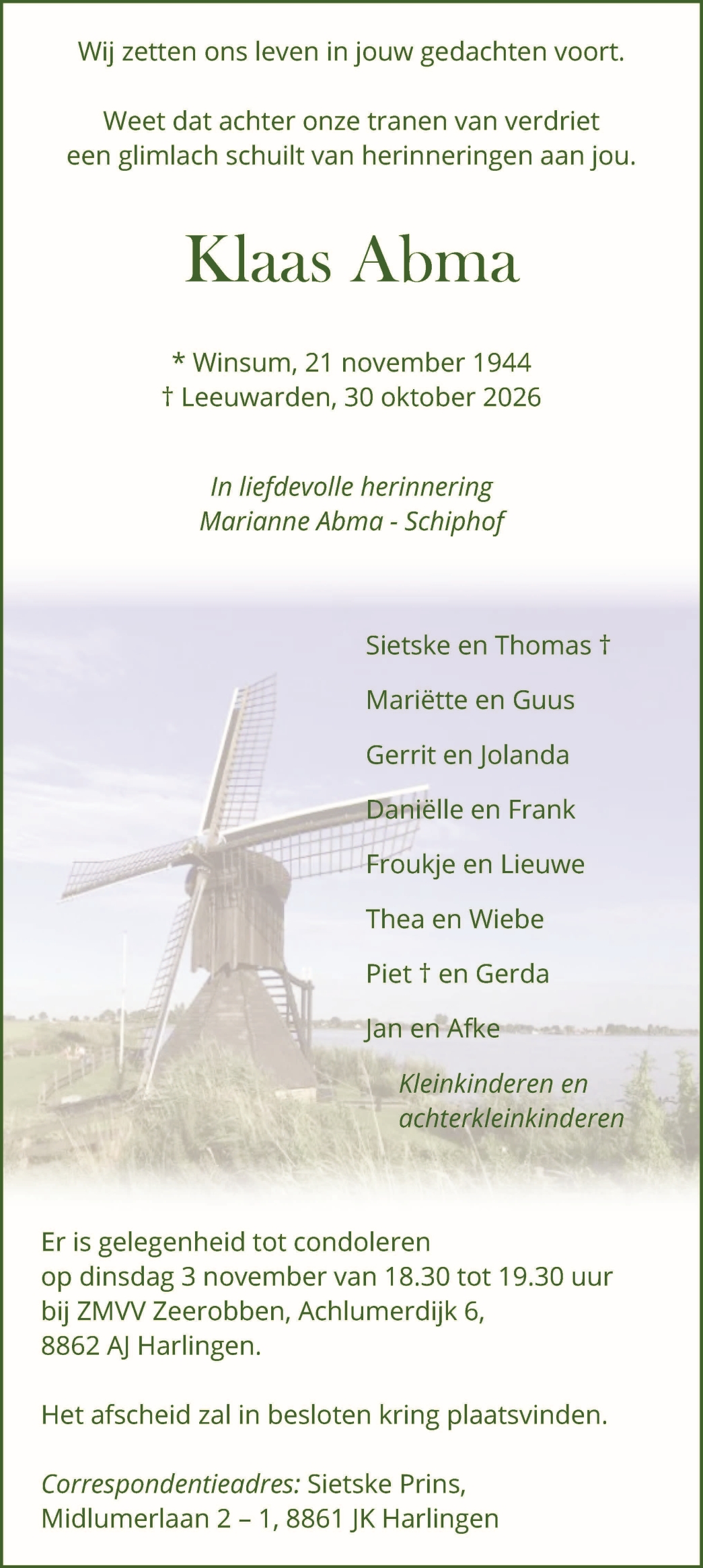 Rouwadvertentie Klaas Abma