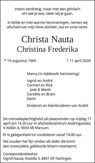 Rouwadvertentie overlijden C. Nauta Harlingen Boeit