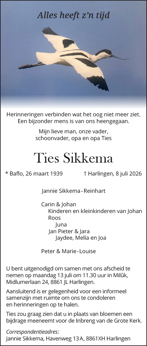 Rouwadvertentie overlijden T. Sikkema Harlingen Boeit