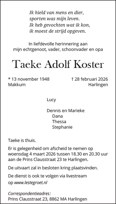 Rouwadvertentie T. Koster Harlingen Boeit