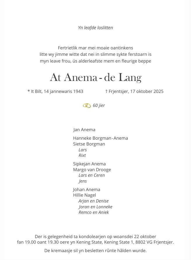 Rouwbericht AAnemadeLang