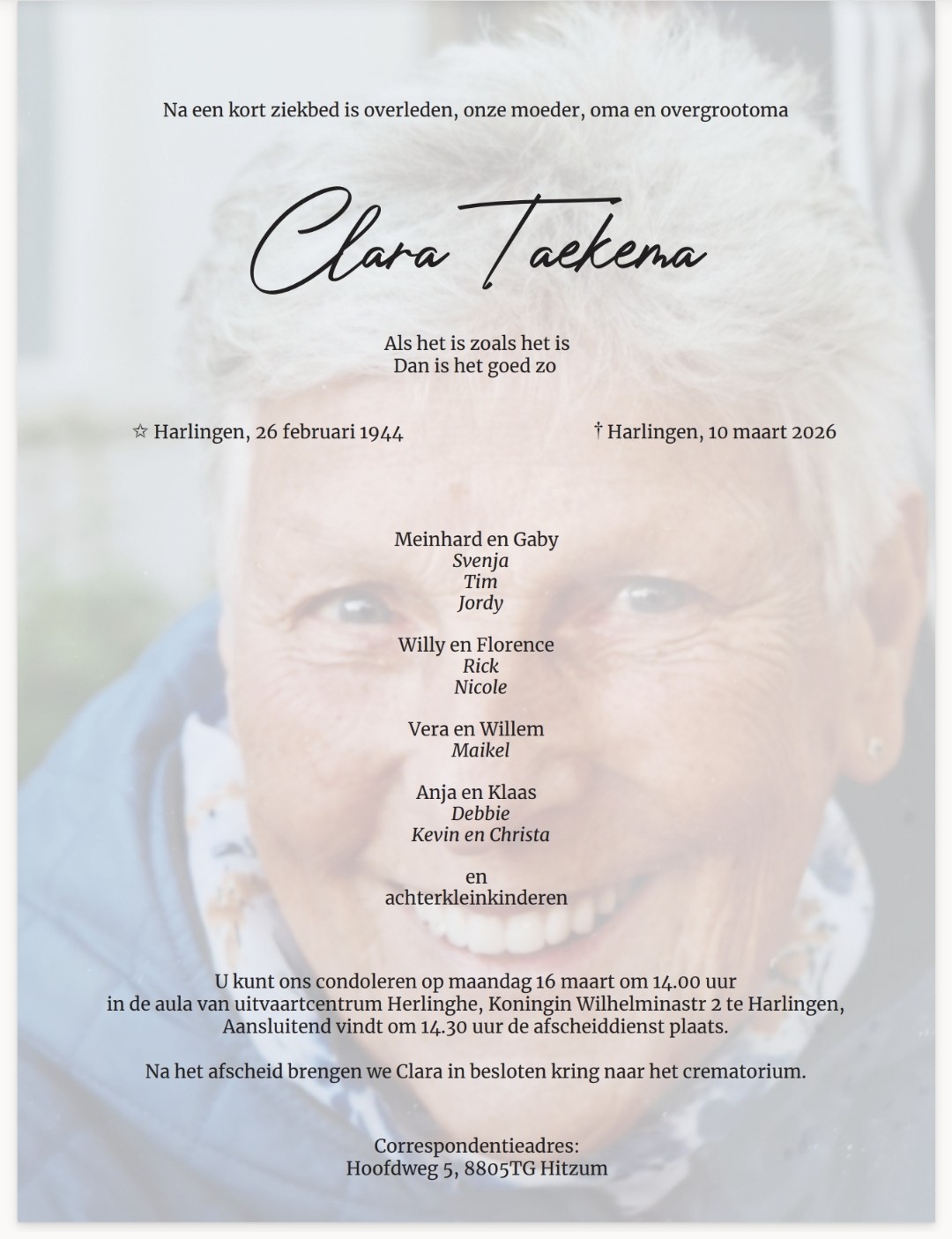 Rouwkaart Clara Taekema