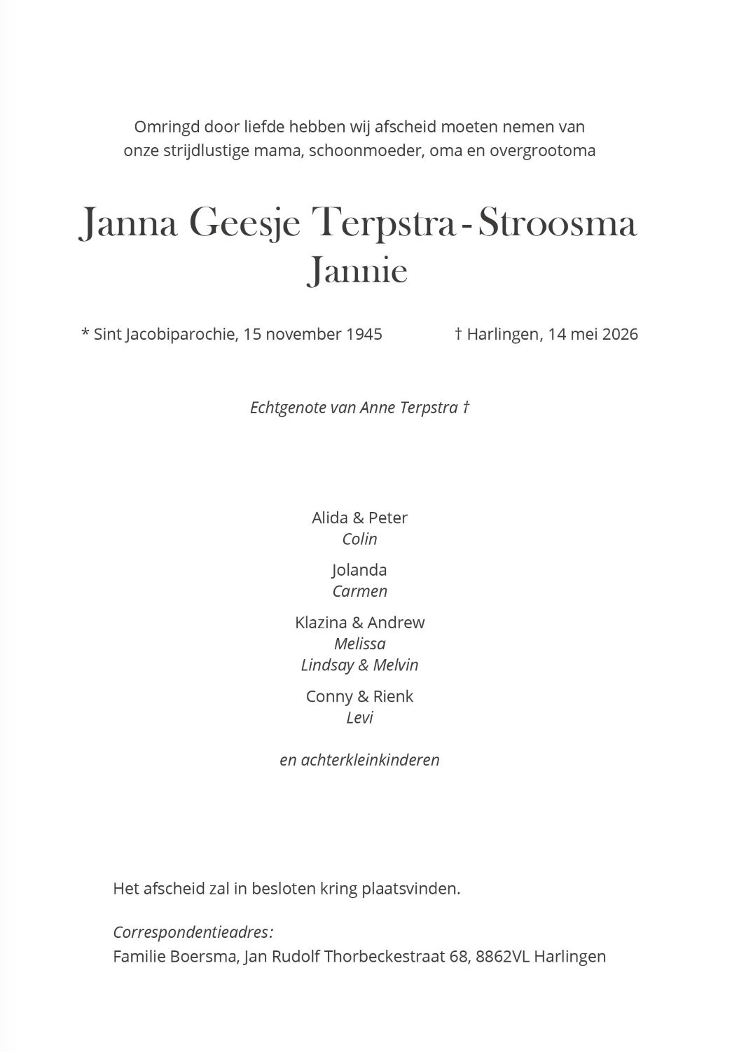 Rouwkaart J. Terpstra Stroosma Harlingen Boeit (001
