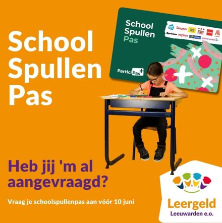 Schoolspullenpas van Stichting Leergeld Leeuwarden voor lagere inkomens